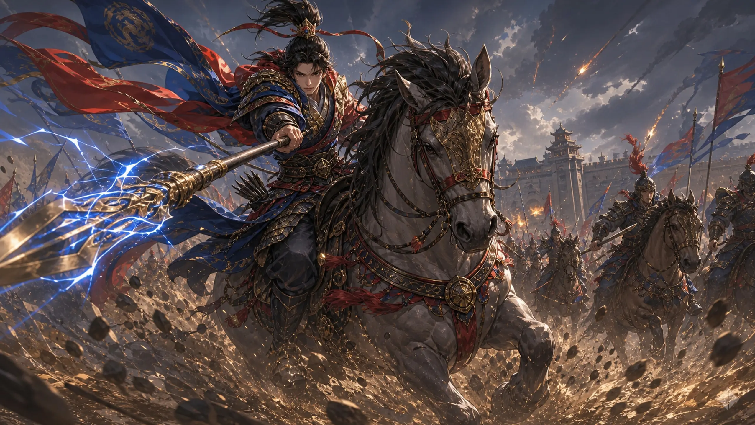 Song and Liao armies riding toward a fortified battlefield
