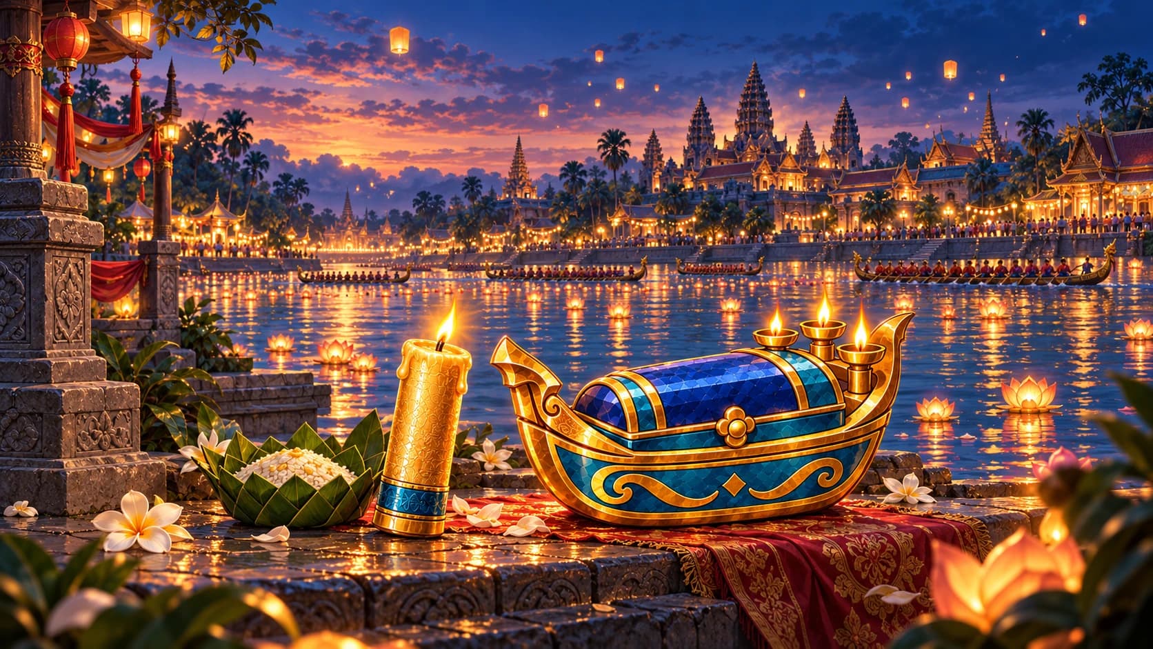 Festival Candles and a Floating Lantern beside the festival river