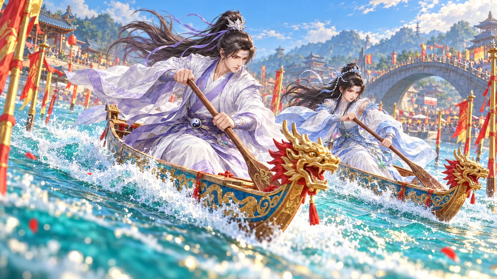 Two martial heroes racing individual dragon boats