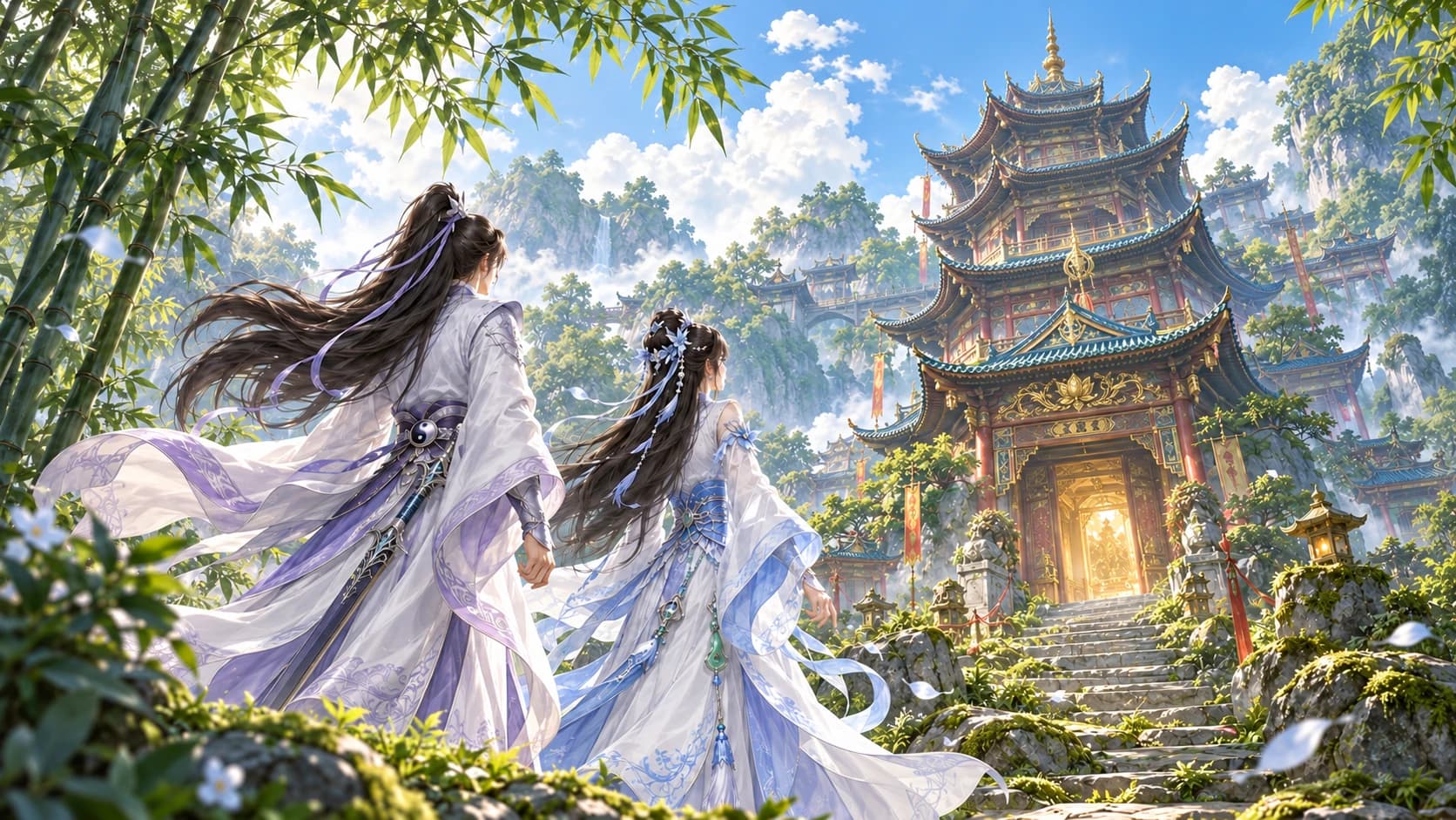 Martial heroes approaching Taiyi Tower through the forest