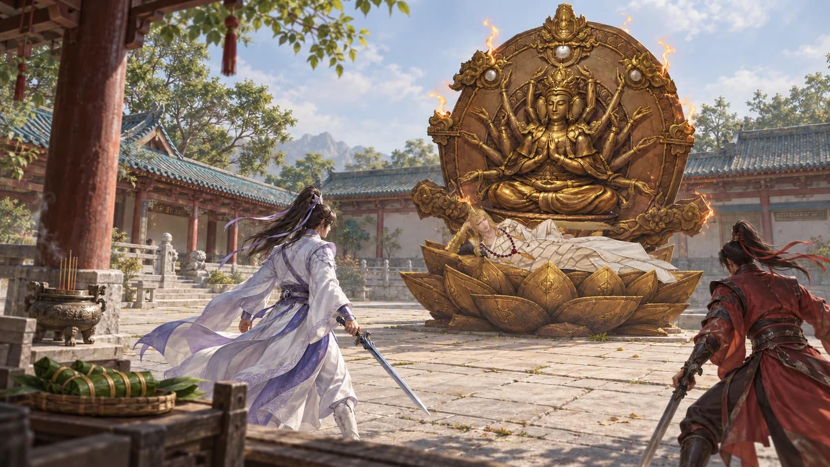 Ancestral Flame Guardian reclining head-left on a golden lotus throne