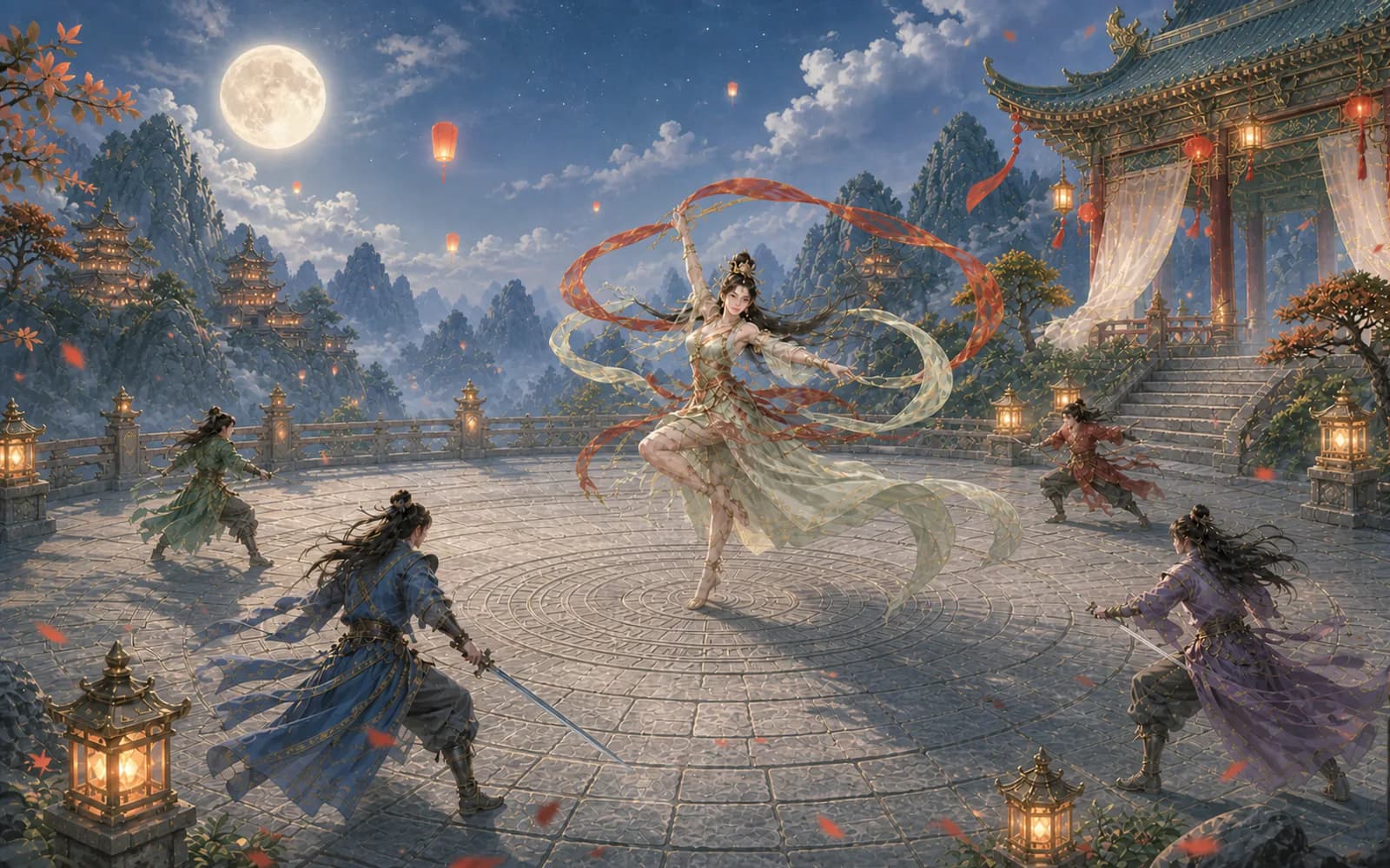 Moon Festival Dancer faces JX2 Royal heroes in a lantern-lit palace courtyard