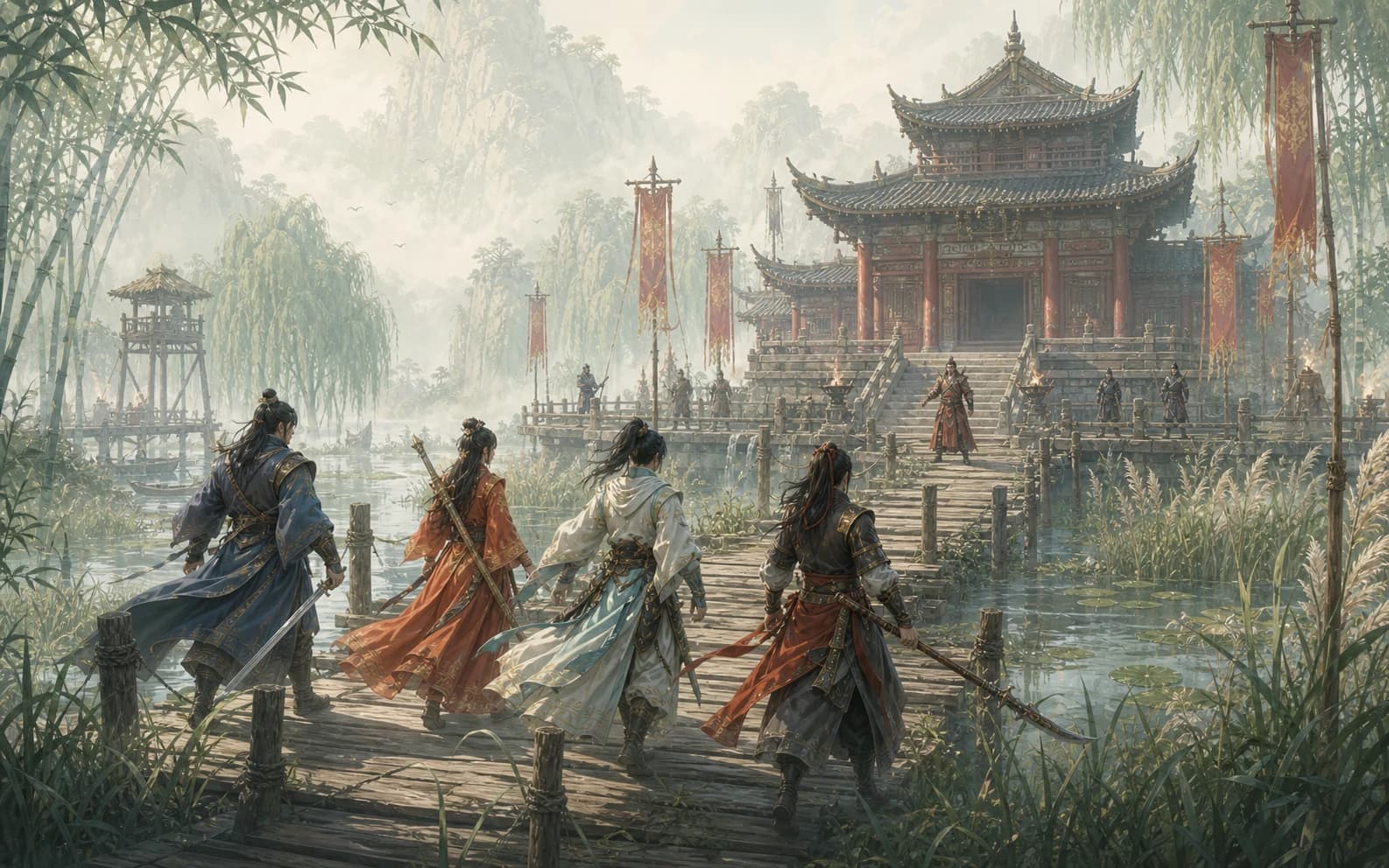 A party crossing a marsh bridge toward the Liangshan stronghold