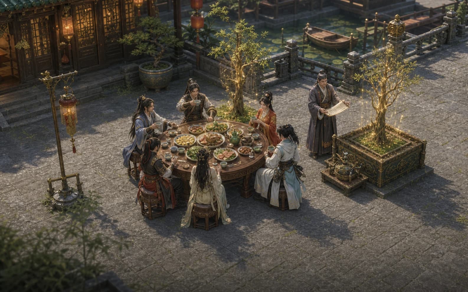 A JX2 Royal party sharing a Magic Banquet beside the Magic Tree in Bianjing