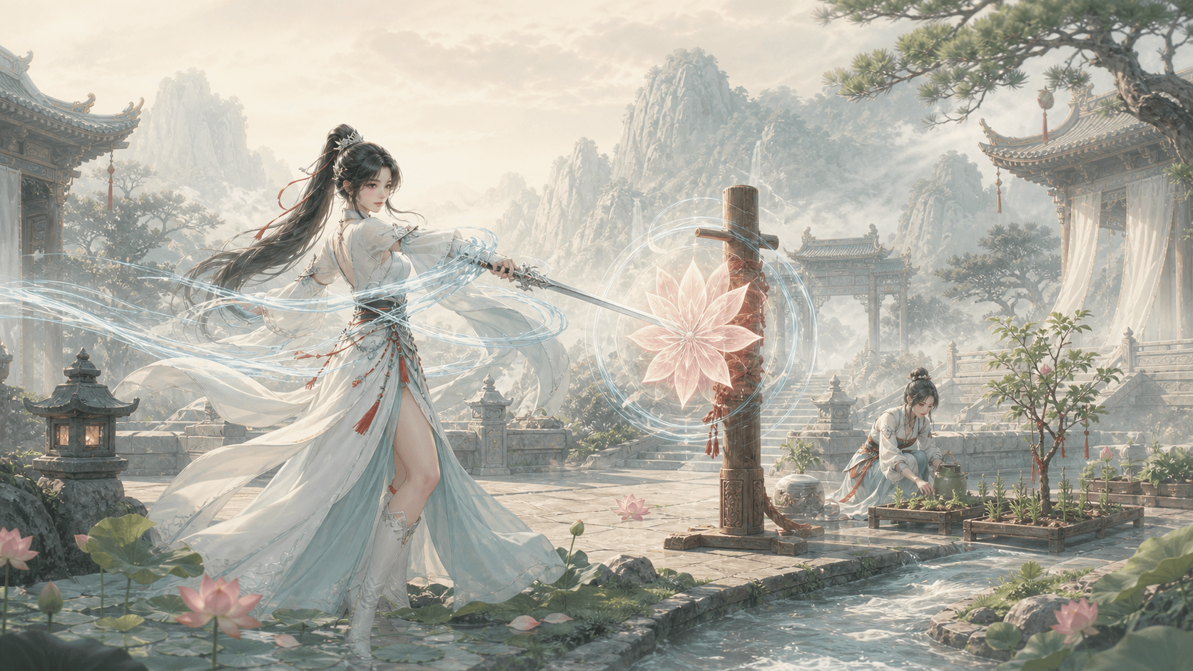 An Emei Sword heroine restoring Lotus Heart and Flowing Stream effects in a temple garden
