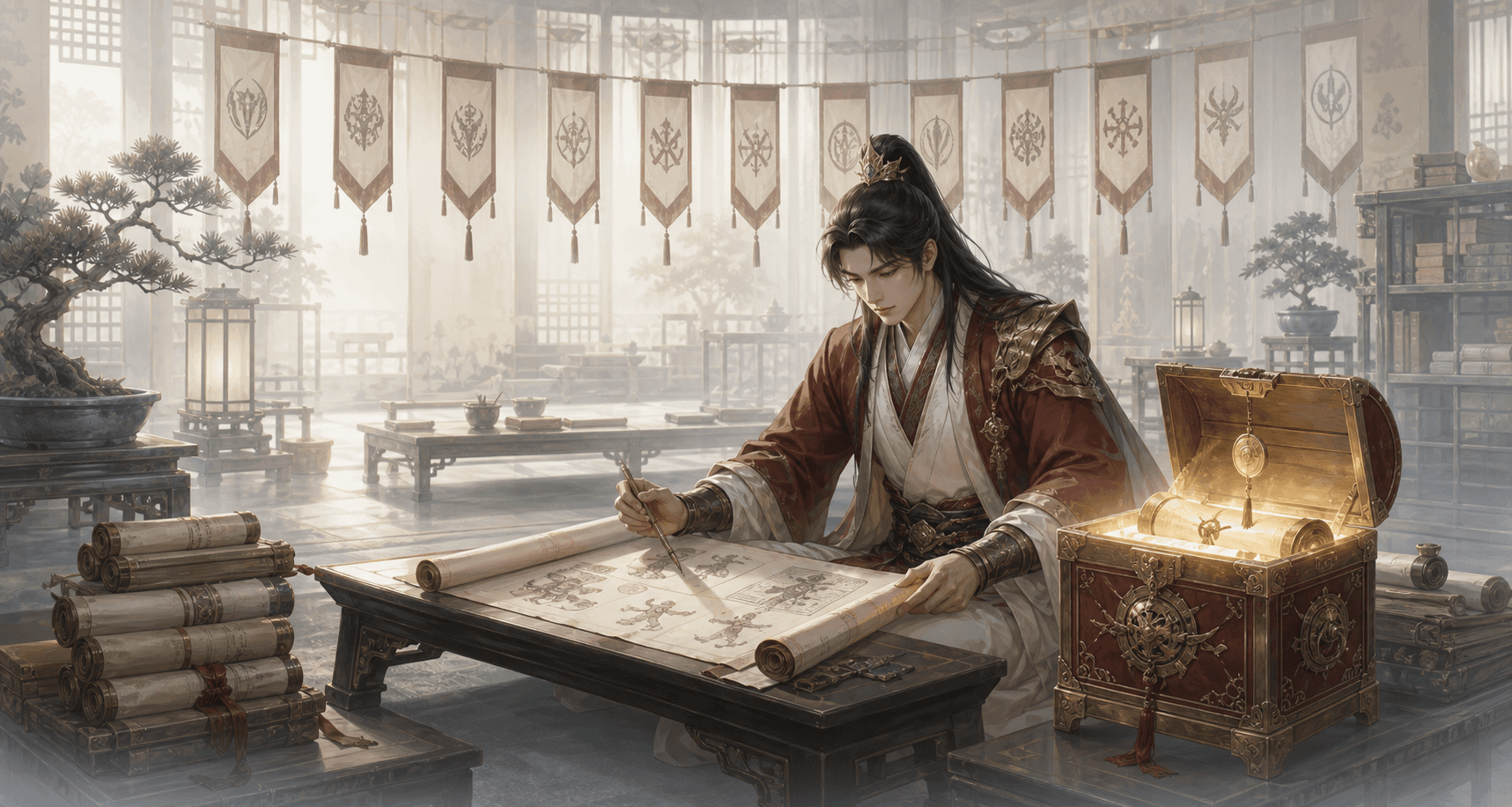 A JX2 Royal martial scholar studying skill scrolls beside an open Royal Lucky Chest