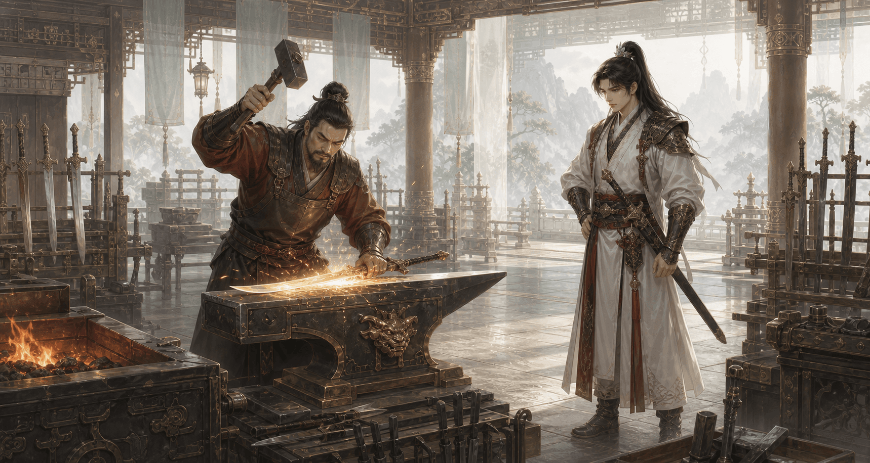 Liu the Ironsmith rapidly enhancing a glowing sword for a JX2 Royal martial hero
