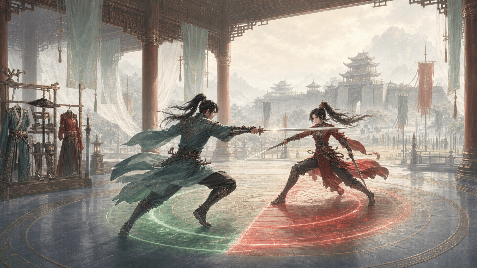 Two JX2 Royal heroes facing each other in a martial arts courtyard