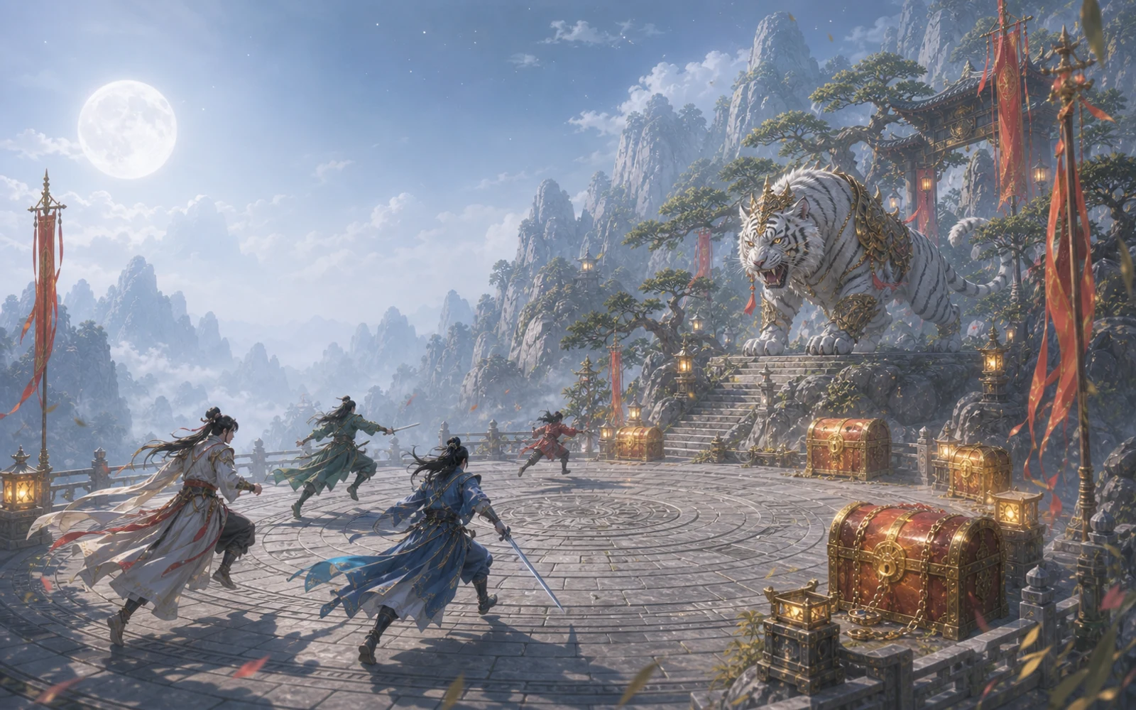 Heroes challenge the Hua Mountain Tiger King on the moonlit Mount HuaShan summit