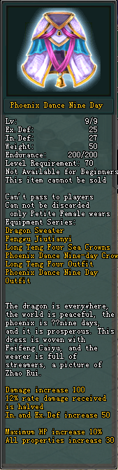 Full in-game tooltip for Phoenix Dance Nine Day Outfit (Female)
